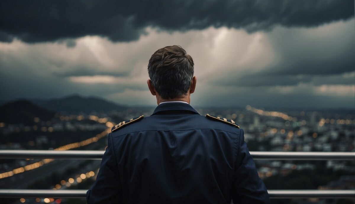 a concerned pilot watching the weather